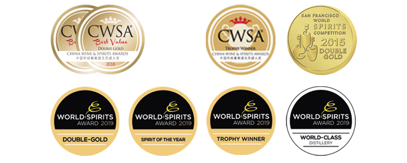 Verschiedene Auszeichnungen der Distillery Krauss. World Spirits Award. San Francisco World Spirits Competition, China Wine and Spirits Award
